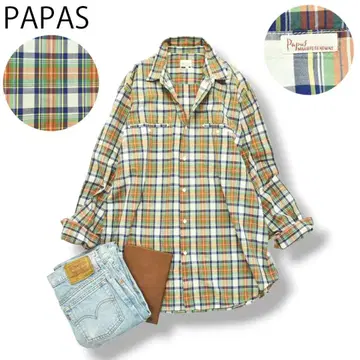 파파스 PAPAS 긴팔 파자마 셔츠 L 체크 무늬 멀티 컬러 남성용