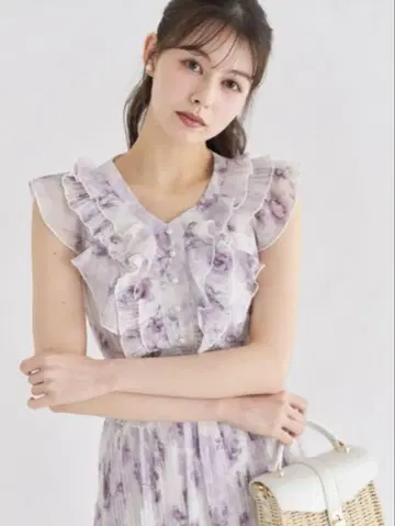 프릴 장식 펄 장식 허리 셔링 플라워 프린트 플리츠 원피스