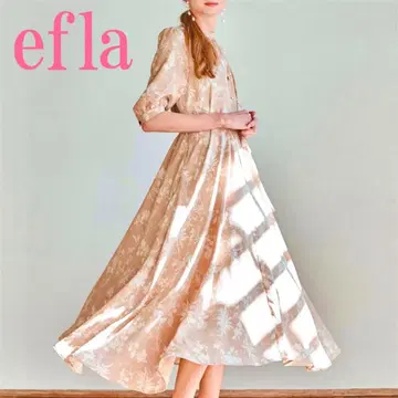 새상품급 efla 리프 무늬 프린트 원피스 플레어 베이지 롱 F 오카리에