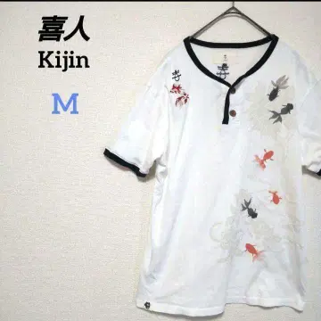 기진 금붕어 패턴 T셔츠 하프 버튼 데메킨 일본풍 패턴 코튼 JAPAN