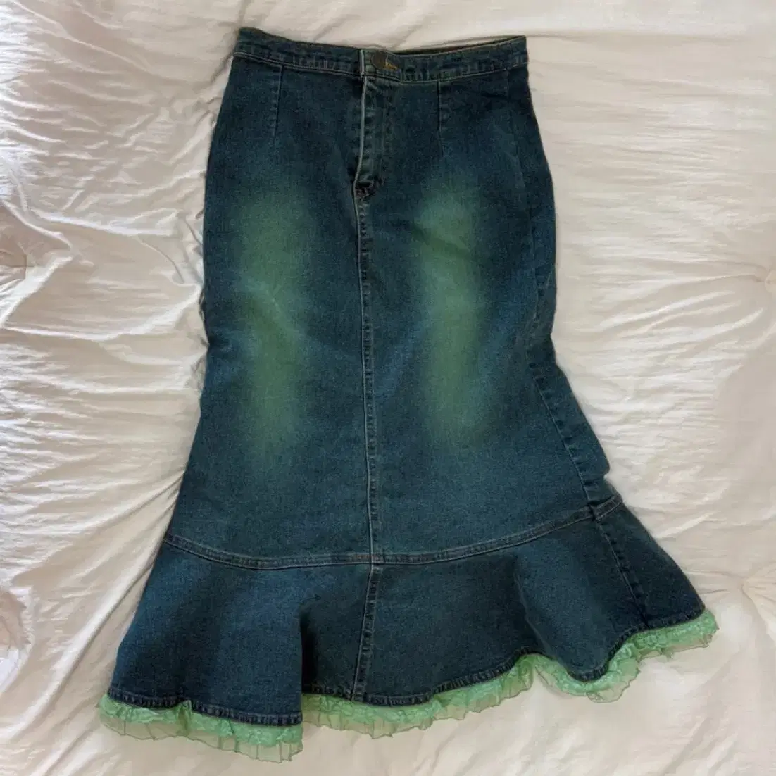 Vintage Grunge Fairy Unbalanced Lay Lace Denim Skirt on