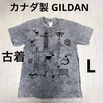 유159 구제 의류 캐나다제 GILDAN 벽화 상형 프린트 티셔츠 그레이