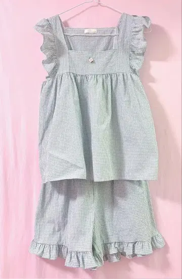프릴 소매 깅엄 체크 셋업 장미 장식