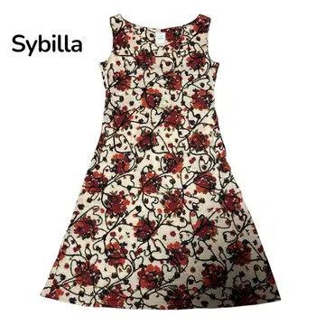 새상품급 Sybilla 니트 원피스 올 패턴 꽃무늬 하트 베이지 L