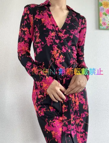 클리닝 완료 DVF 실크 100% 카라 부착 랩 드레스 보타니컬 M 상당
