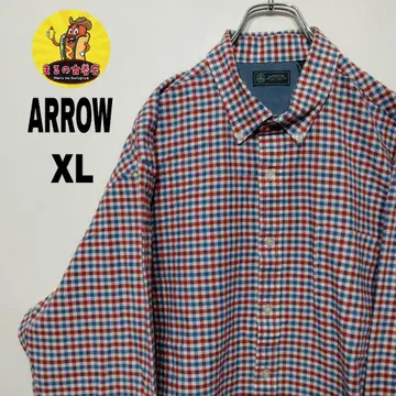 USA 구제 의류 ARROW 긴팔 버튼 셔츠 XL 블루 레드 체크