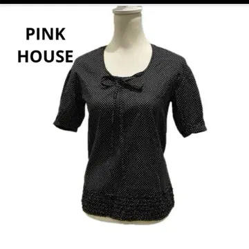 PINK HOUSE 밑단 프릴 리본 도트 무늬 반팔 상의 퍼프 슬리브