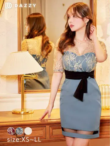 dazzy store 엘레강트 레이스 타이트 미니 드레스 L 블루