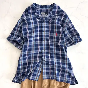 폴로 바이 랄프 로렌 반팔 오픈 카라 셔츠 오픈 카라 블루 블루 체크 면