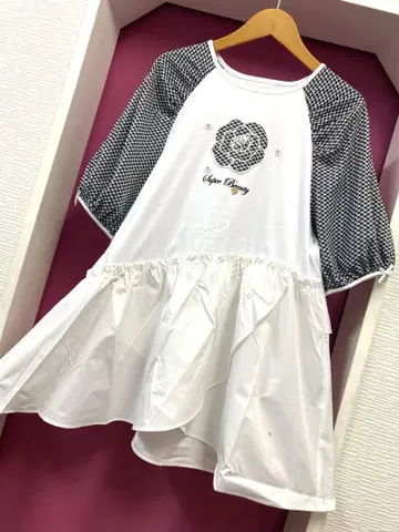 슈퍼 뷰티 신상 소매 깅엄 체크 패턴 가슴 부분 꽃 디자인 튜닉