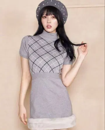 Darich 체크 퍼 니트 미니 원피스