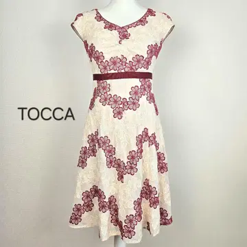 TOCCA 토카 원피스 4 L 꽃무늬 자수 플레어 반팔 무릎 기장 빨간색
