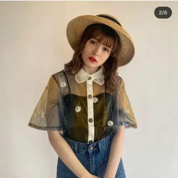 시스루 반팔 셔츠 꽃 자수