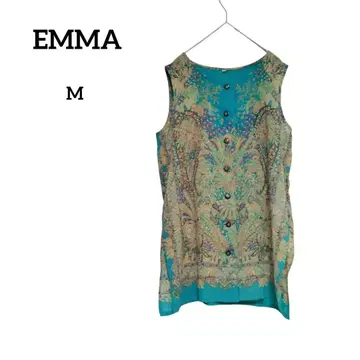 EMMA 올 패턴 블루 슬리브리스 튜닉 M 롱 베스트 비침 있음