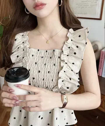 린넨 같은 도트 프린트 셔링 페플럼 프릴 블라우스
