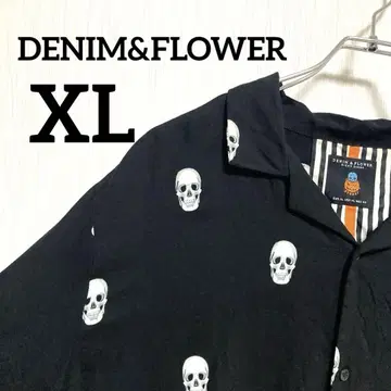 스컬 해골 알로하 올 패턴 DENIM&FLOWER 블랙 알로하 셔츠