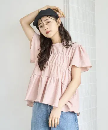 mil 컷 양류 셔링 페플럼 블라우스