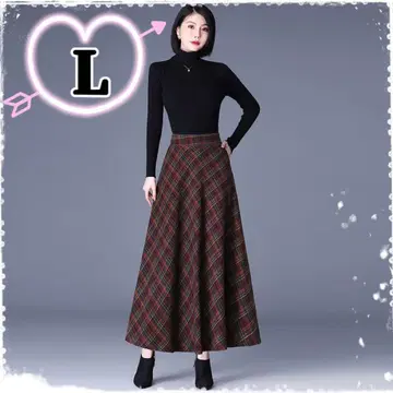 와인 레드 롱 플레어 스커트 L 사이즈 레트로 A 라인 체크