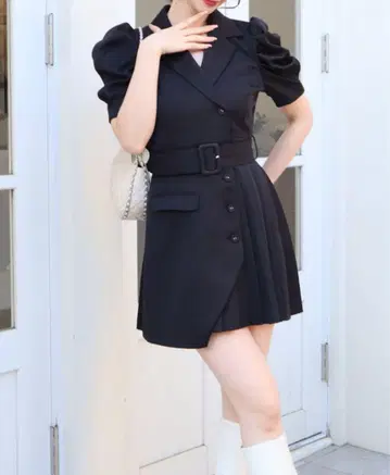 ROYAL PARTY 퍼프 슬리브 자켓 플리츠 미니 원피스 블랙