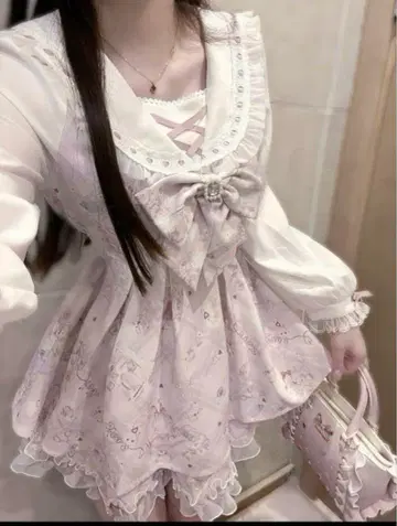 새상품 여성용 핑크 원피스 긴팔 리본 포함 프릴 양산형 지뢰계