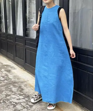 새상품 스픽 앤 스팬 린넨 아메슬리브 드레스 38 블루
