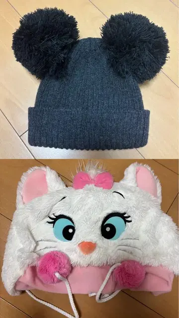 폼폼 포함 니트 모자와 고양이 캐릭터 모자 세트