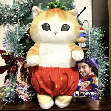 고양이 봉제 인형 오렌지 화이트 빨간색