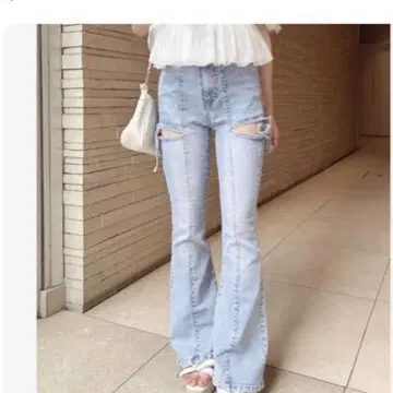 INGNI 사이드 리본 컷 아웃 플레어 데님 팬츠 M