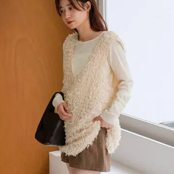 Kastane 안감 있음 퍼 롱 베스트 아이보리