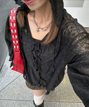 택 포함 CIAOPANIC 레이스 메로우 후디 상의 블랙