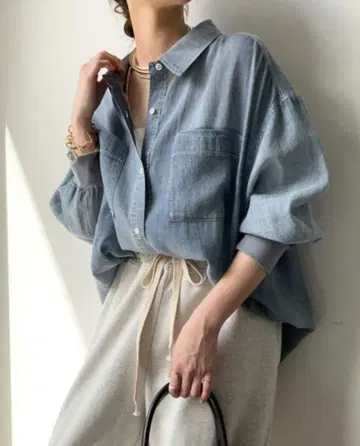 DouDou 소매 리브 시어 데님 셔츠