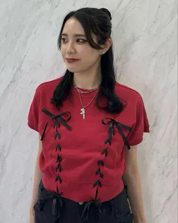 jouetie 레이스업 리본 상의 레드 빨간색