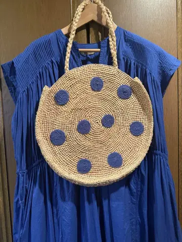 NORO round basket 라피아 바스켓 백 도트 블루 자수