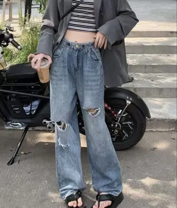 워시 가공 데미지 데님 팬츠 여성용 M 사이즈 y2k 스트릿