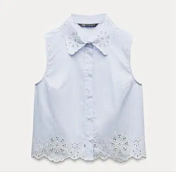ZARA 컷워크 자수 숏 셔츠 블루
