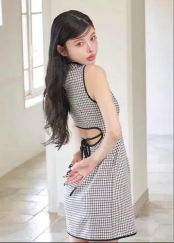 Darich 허리 오픈 체크 미니 원피스