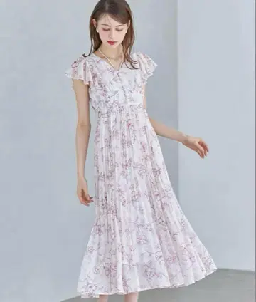 toccocloset 펄 장식 넥 리본 수채화 라인 플라워 플리츠 원피스