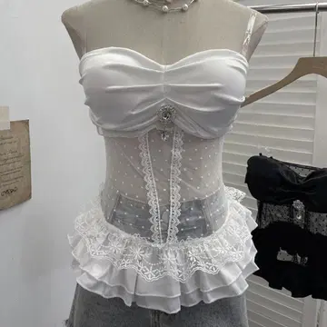 히메 갸루 프릴 레이스 비쥬 베어탑 뷔스티에 코르셋 y2k