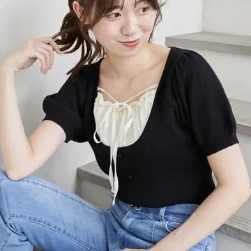 MAJESTIC LEGON 개더 도킹 반팔 니트 블랙