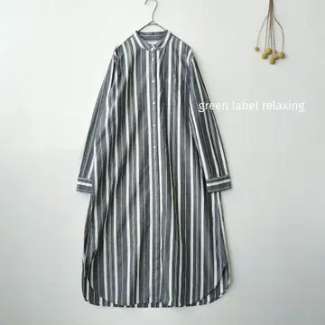 그린 라벨 릴랙싱 면 린넨 노카라 스트라이프 셔츠 원피스 고품질