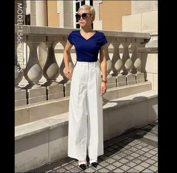 JENNE 스트라이프 슬림 레그 마린 팬츠 M 화이트