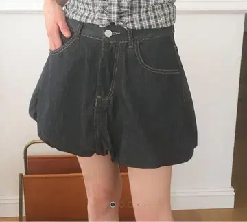 다크 데님 플레어 스커트 호박 벌룬