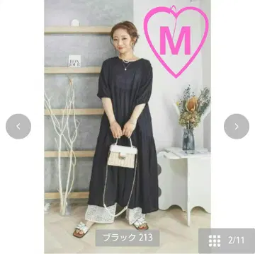 시마무라 sappi 린넨 느낌 5부 소매 티어드 원피스 블랙 M 사이즈