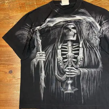 80s 90s 2XL 상당 티셔츠 사신 프린트 스컬 싱글 스티치