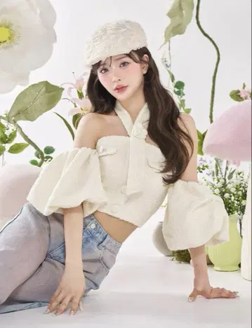 Darich 퍼프 슬리브 오프숄 트위드 상의 WHT