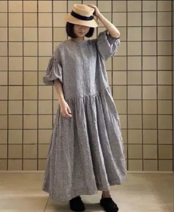 네스트로브 깅엄 체크 벌룬 슬리브 롱 원피스 반팔