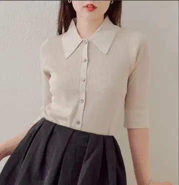 시어 라메 카라 배색 버튼 니트