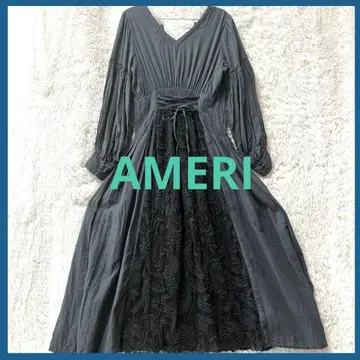 ameri vintage 그레이 자수 긴팔 셔츠 원피스