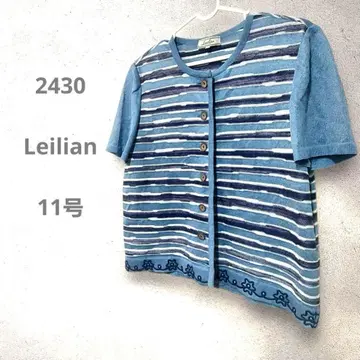 Leilian 블루 스트라이프 반팔 가디건 밑단 꽃 장식 11호 빅사이즈