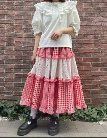 깅엄 체크 레이스 프릴 롱 스커트